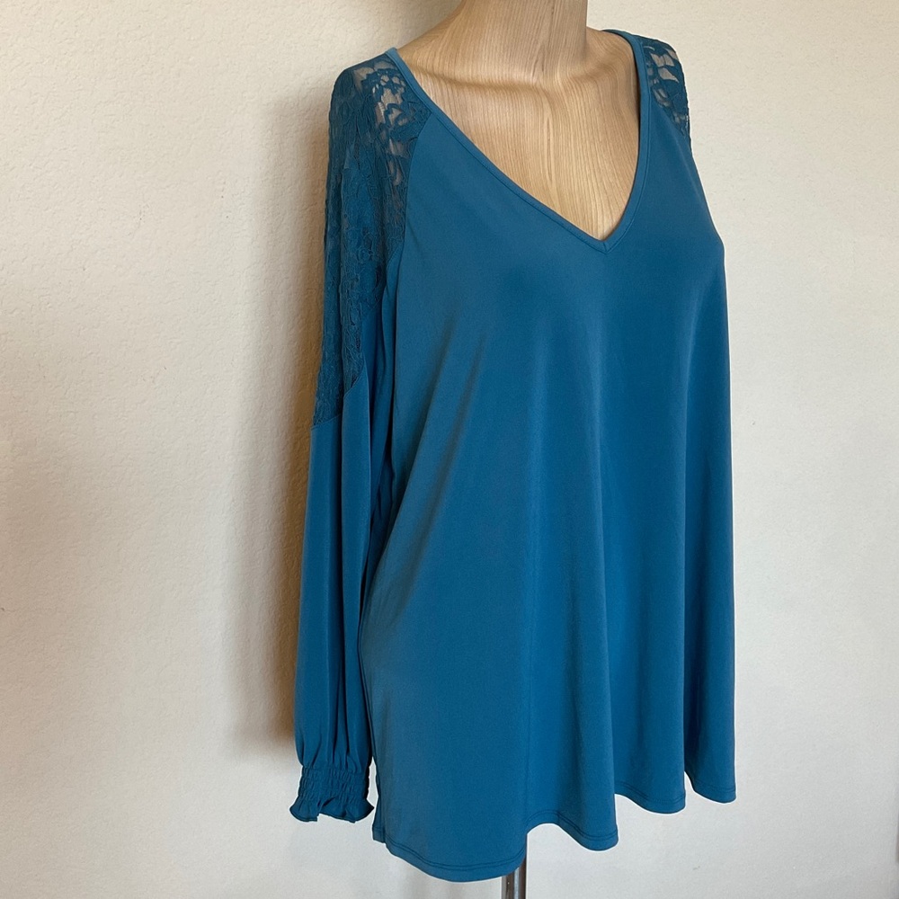Torrid NWT Studio Knit Lace Shoulder Top Long Sleeve Midnight Teal 0 / L / 12 - Picture 3 of 16